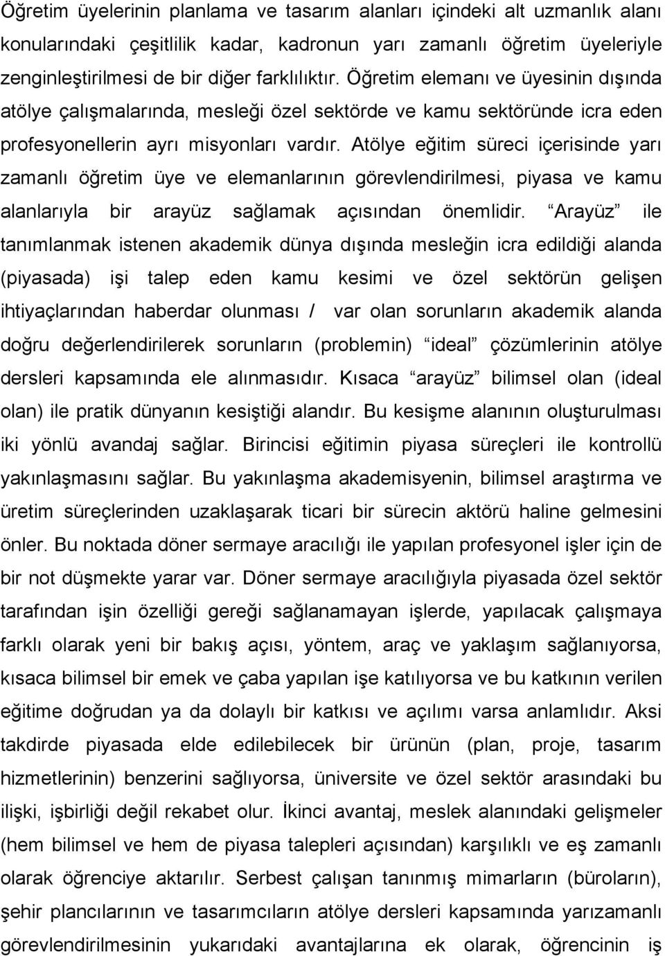 Atölye eğitim süreci içerisinde yarı zamanlı öğretim üye ve elemanlarının görevlendirilmesi, piyasa ve kamu alanlarıyla bir arayüz sağlamak açısından önemlidir.