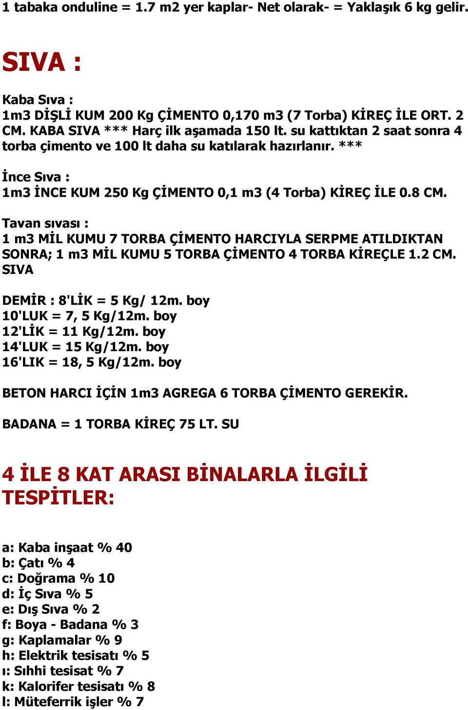 Tavan sıvası : 1 m3 MĐL KUMU 7 TORBA ÇĐMENTO HARCIYLA SERPME ATILDIKTAN SONRA; 1 m3 MĐL KUMU 5 TORBA ÇĐMENTO 4 TORBA KĐREÇLE 1.2 CM. SIVA DEMĐR : 8'LĐK = 5 Kg/ 12m. boy 10'LUK = 7, 5 Kg/12m.