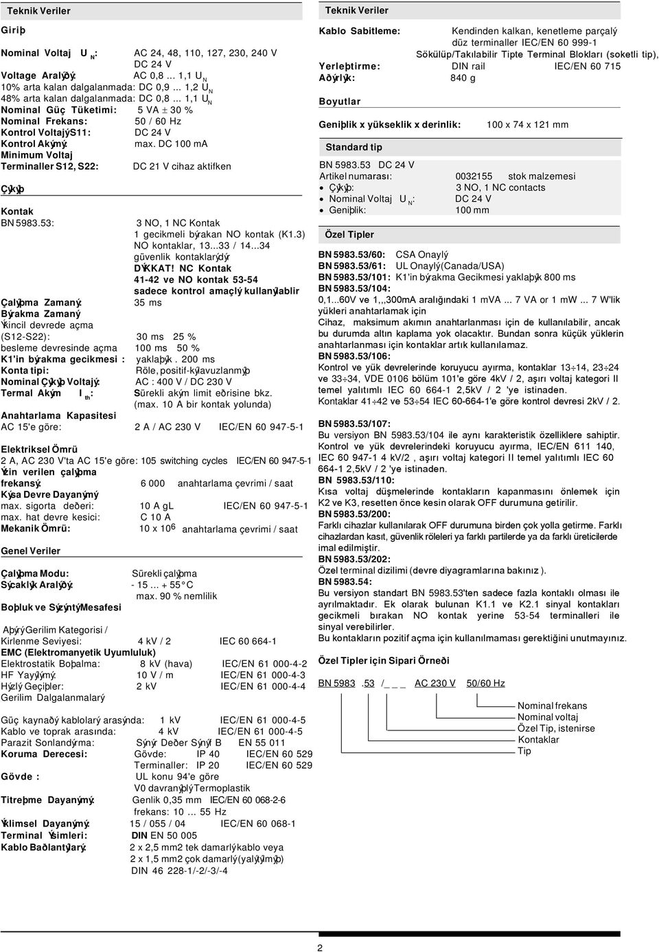 DC 100 ma Minimum Voltaj Terminaller, : DC 21 V cihaz aktifken Çýkýþ Kontak B 5983.