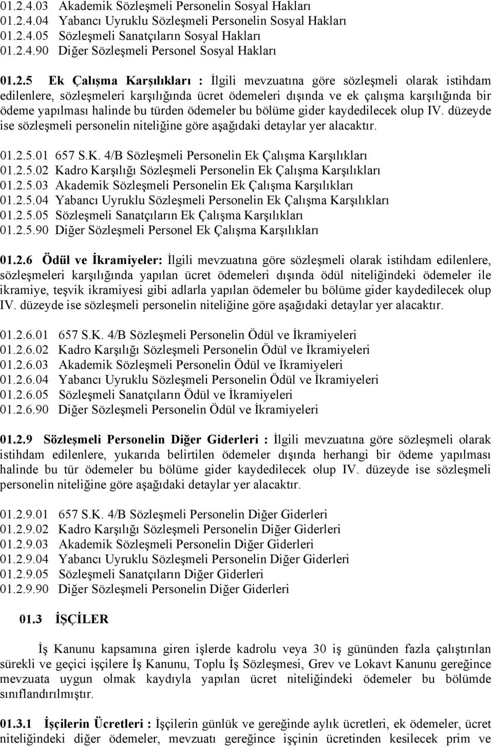 türden ödemeler bu bölüme gider kaydedilecek olup IV. düzeyde ise sözleşmeli personelin niteliğine göre aşağıdaki detaylar yer alacaktır. 01.2.5.01 657 S.K.