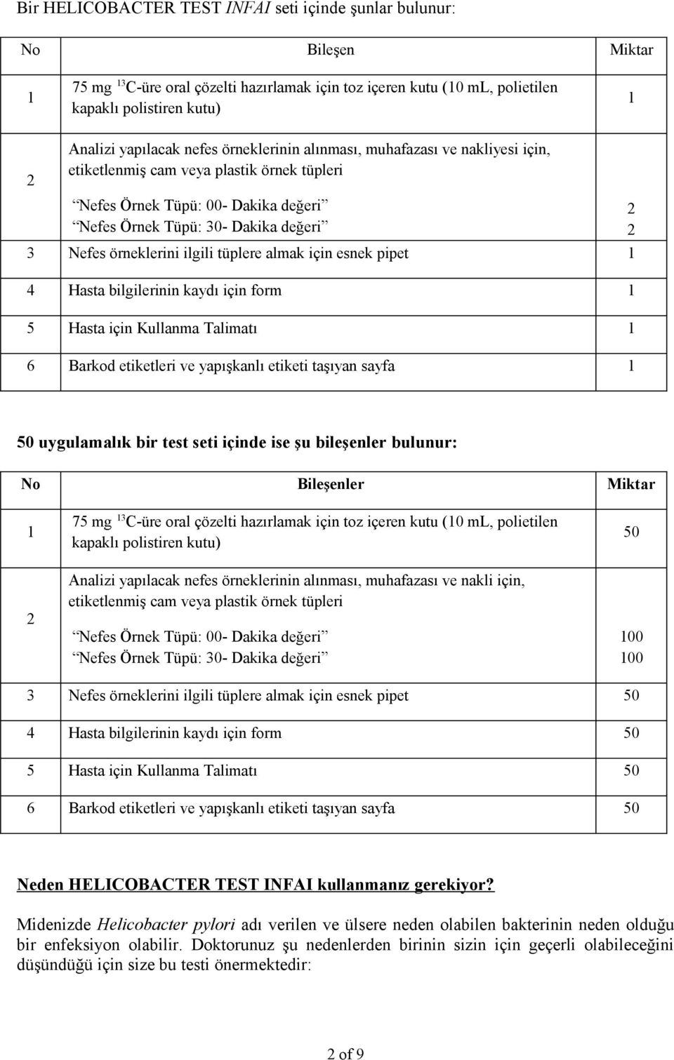 örneklerini ilgili tüplere almak için esnek pipet 1 4 Hasta bilgilerinin kaydı için form 1 5 Hasta için Kullanma Talimatı 1 6 Barkod etiketleri ve yapışkanlı etiketi taşıyan sayfa 1 2 2 50