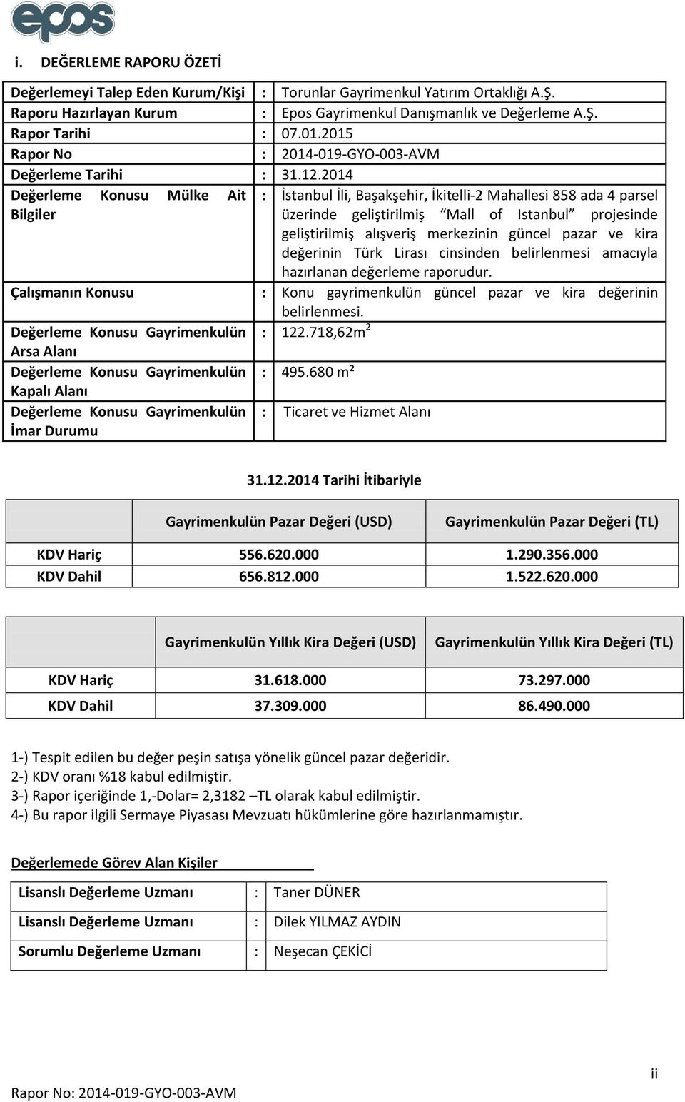 2014 Değerleme Konusu Mülke Ait : İstanbul İli, Başakşehir, İkitelli-2 Mahallesi 858 ada 4 parsel Bilgiler üzerinde geliştirilmiş Mall of Istanbul projesinde geliştirilmiş alışveriş merkezinin güncel