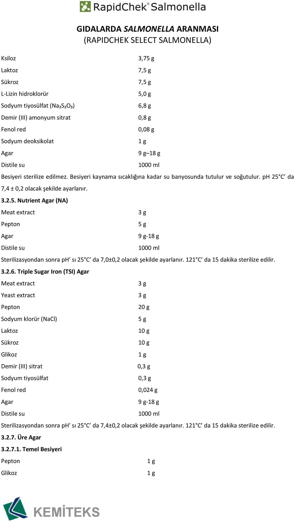 C da 7,4 ± 0,2 olacak şekilde ayarlanır. 3.2.5. Nutrient (NA) Meat extract 9 g-18 g Sterilizasyondan sonra ph sı 25 C da 7,0±0,2 olacak şekilde ayarlanır. 121 C da 15 dakika sterilize edilir. 3.2.6.