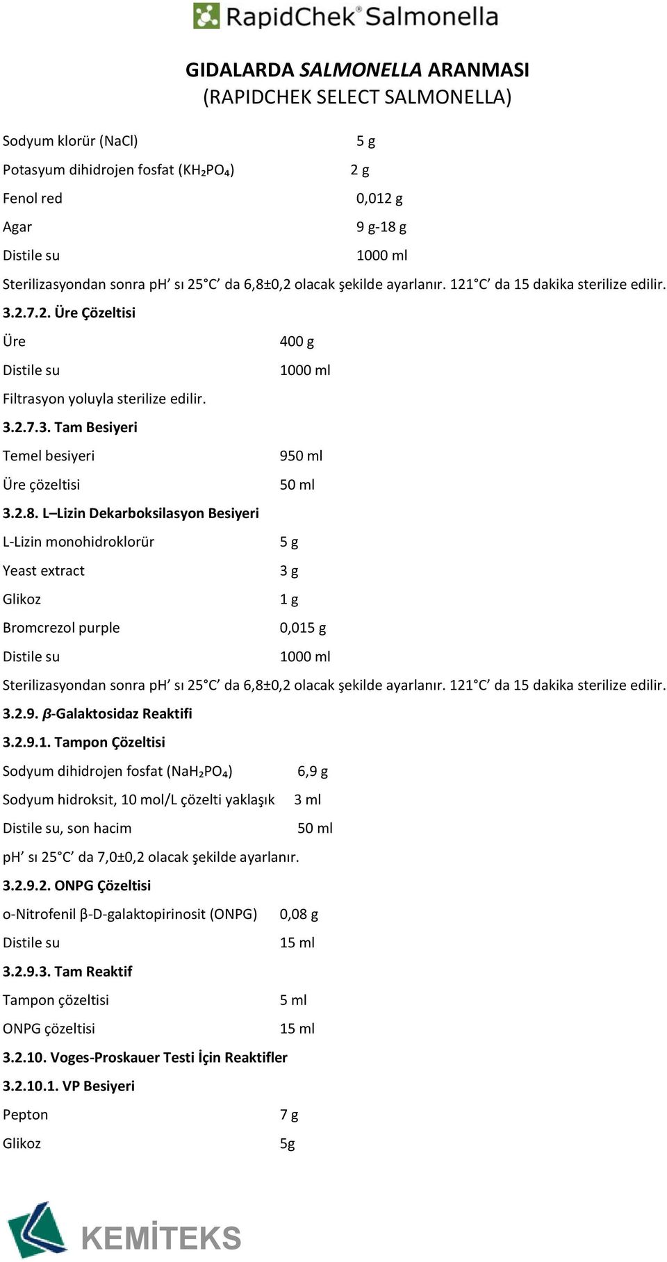 L Lizin Dekarboksilasyon Besiyeri L-Lizin monohidroklorür Yeast extract Bromcrezol purple 400 g 950 ml 50 ml 0,01 Sterilizasyondan sonra ph sı 25 C da 6,8±0,2 olacak şekilde ayarlanır.