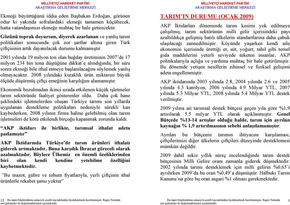 2001 yılında 19 milyon ton olan buğday üretiminin 2007 de 17 milyon 234 bin tona düştüğüne dikkat e alındığında, bir süre sonra ekmeği bile ithal etmeye başlanılacağını söylemek yanlış olmayacaktır.