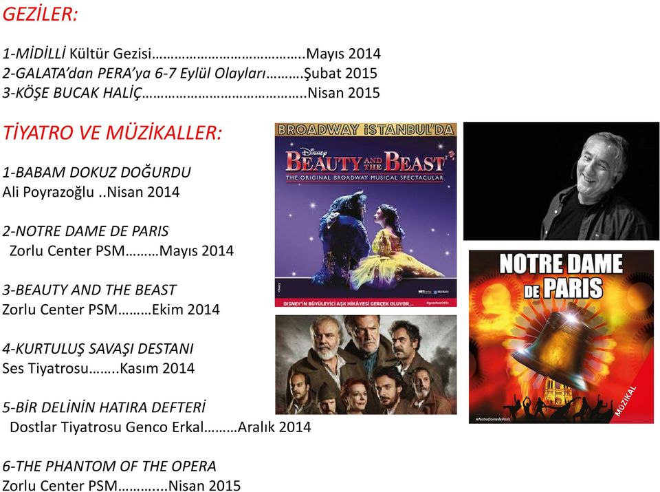 .Nisan 2014 2-NOTRE DAME DE PARIS Zorlu Center PSM Mayıs 2014 3-BEAUTY AND THE BEAST Zorlu Center PSM Ekim 2014