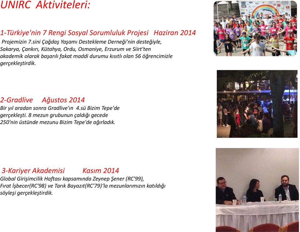 kısıtlı olan 56 öğrencimizle gerçekleştirdik. 2-Gradlive Ağustos 2014 Bir yıl aradan sonra Gradlive'ın 4.sü Bizim Tepe'de gerçekleşti.