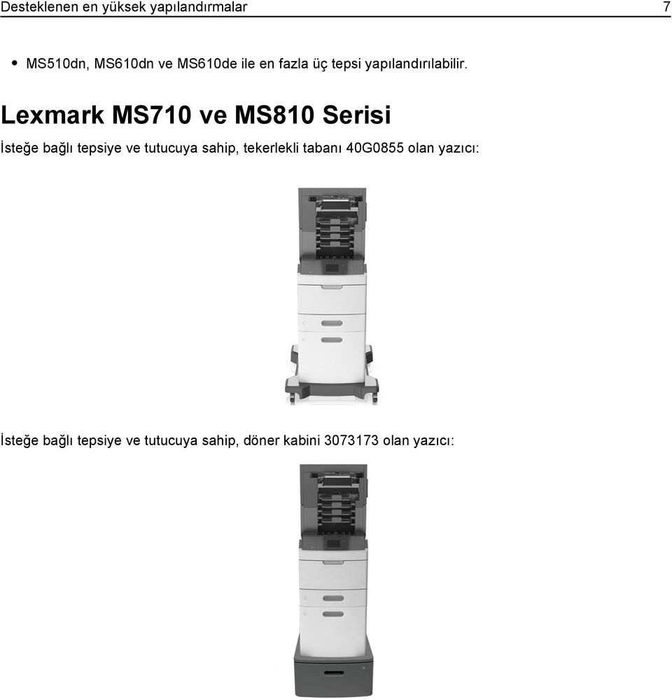 Lexmark MS710 ve MS810 Serisi İsteğe bağlı tepsiye ve tutucuya sahip,