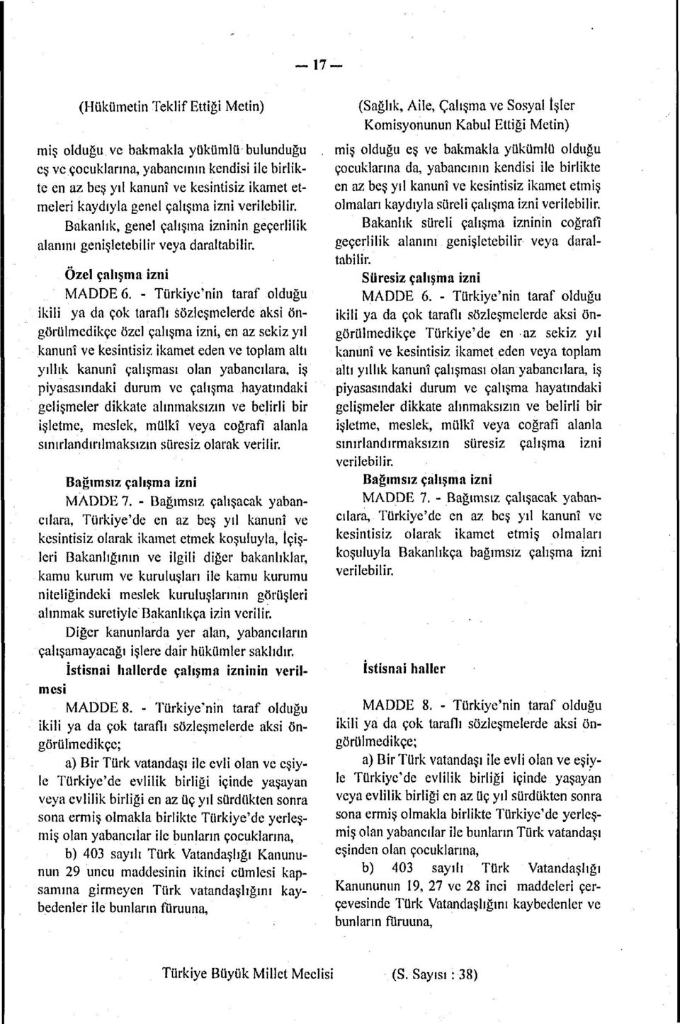 - Türkiye'nin taraf olduğu ikili ya da çok taraflı sözleşmelerde aksi öngörülmedikçe özel çalışma izni, en az sekiz yıl kanunî ve kesintisiz ikamet eden ve toplam altı yıllık kanunî çalışması olan