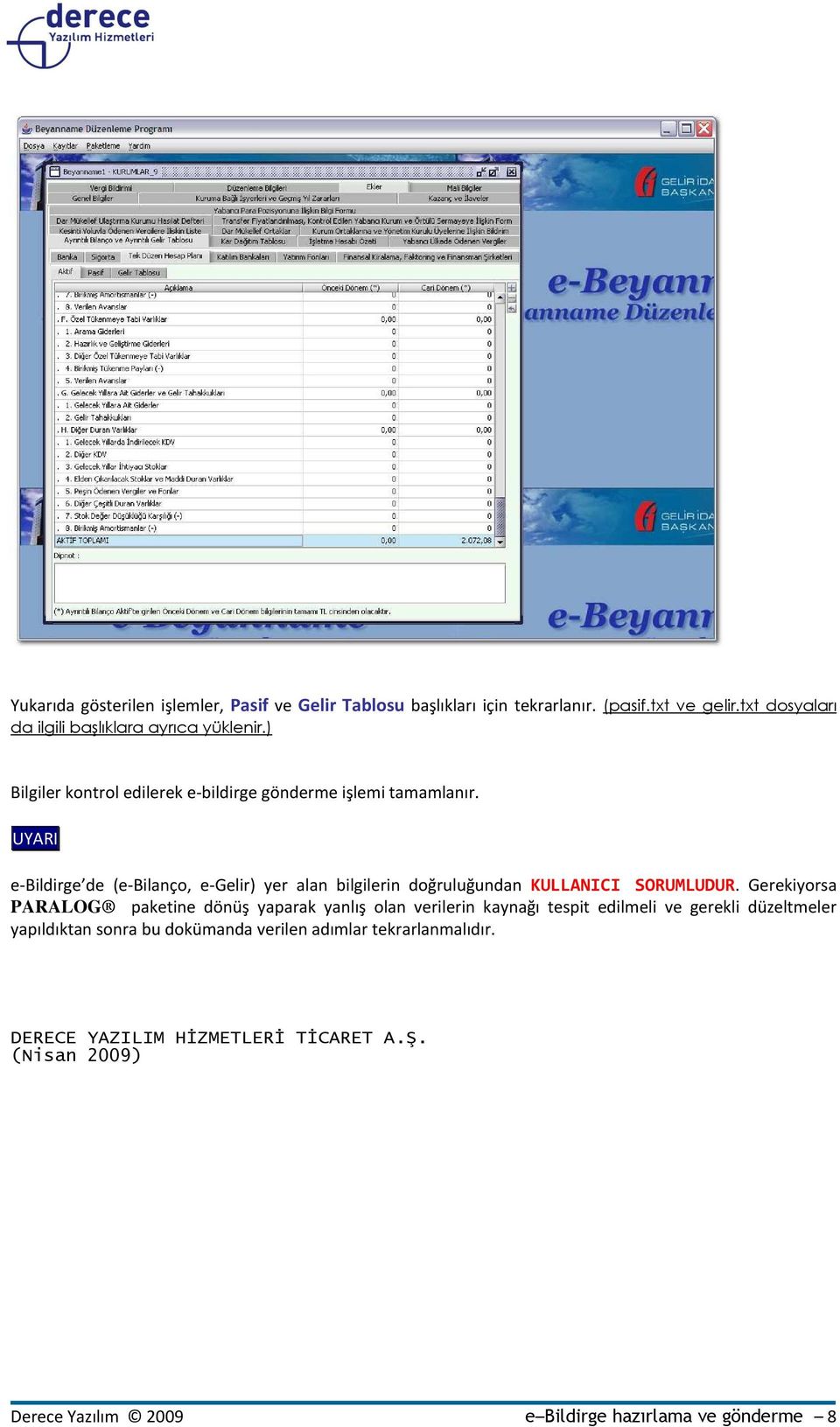 UYARI e-bildirge de (e-bilanço, e-gelir) yer alan bilgilerin doğruluğundan KULLANICI SORUMLUDUR.