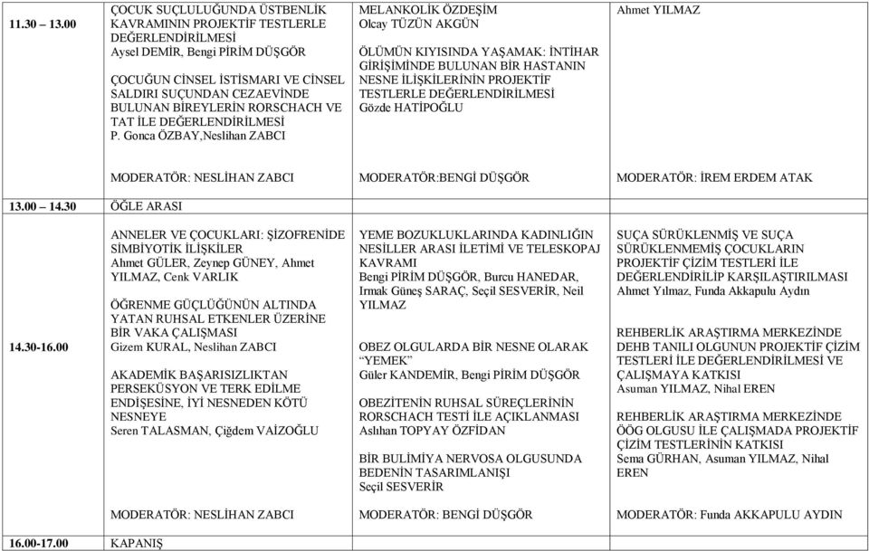 Gonca ÖZBAY,Neslihan ZABCI MELANKOLİK ÖZDEŞİM Olcay TÜZÜN AKGÜN ÖLÜMÜN KIYISINDA YAŞAMAK: İNTİHAR GİRİŞİMİNDE BULUNAN BİR HASTANIN NESNE İLİŞKİLERİNİN PROJEKTİF TESTLERLE Gözde HATİPOĞLU Ahmet YILMAZ