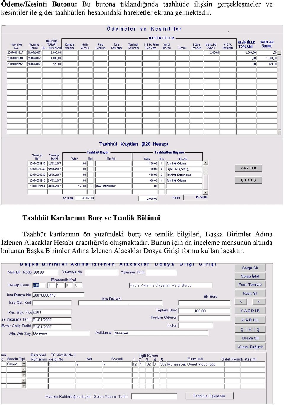 Taahhüt Kartlarının Borç ve Temlik Bölümü Taahhüt kartlarının ön yüzündeki borç ve temlik bilgileri, Başka