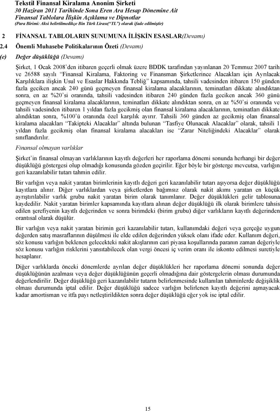 Finansal Kiralama, Faktoring ve Finansman Şirketlerince Alacakları için Ayrılacak Karşılıklara ilişkin Usul ve Esaslar Hakkında Tebliğ kapsamında, tahsili vadesinden itibaren 150 günden fazla geciken