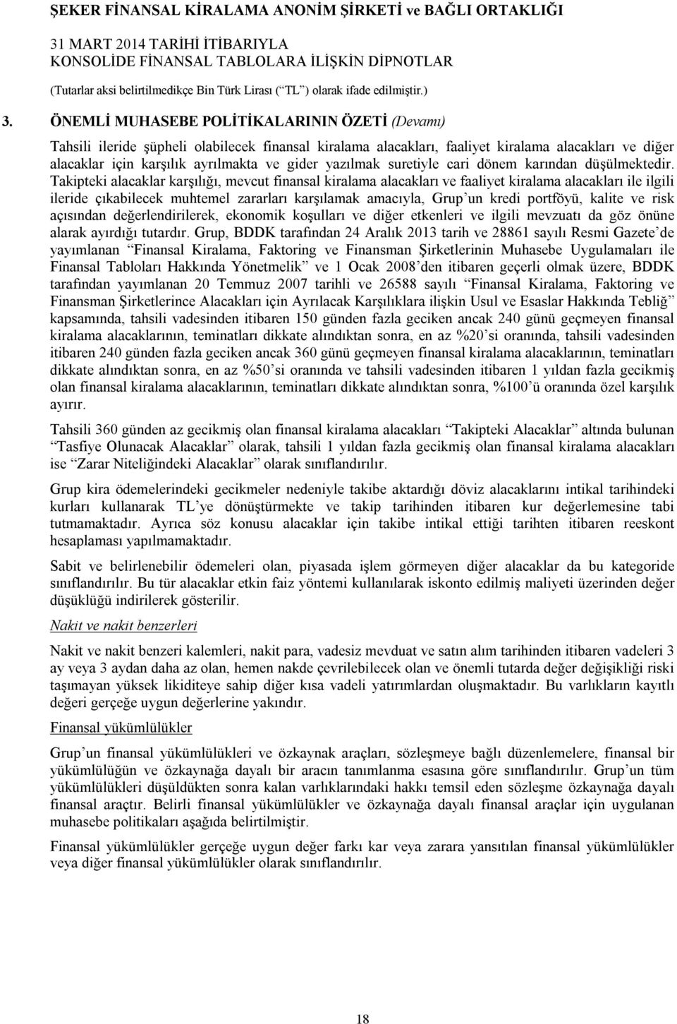 Takipteki alacaklar karşılığı, mevcut finansal kiralama alacakları ve faaliyet kiralama alacakları ile ilgili ileride çıkabilecek muhtemel zararları karşılamak amacıyla, Grup un kredi portföyü,