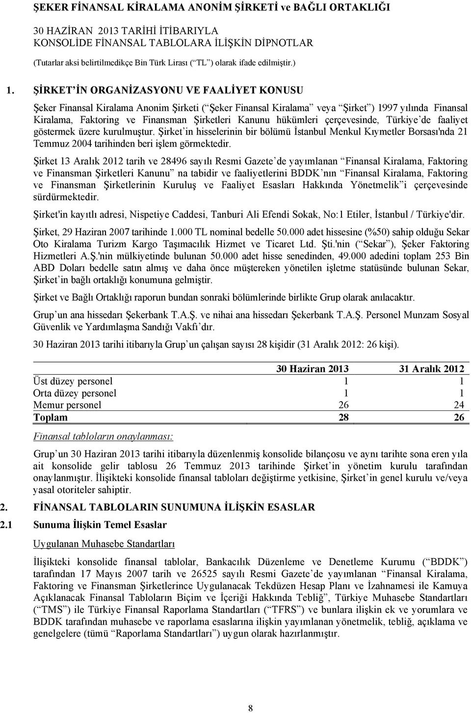 Şirket 13 Aralık 2012 tarih ve 28496 sayılı Resmi Gazete de yayımlanan Finansal Kiralama, Faktoring ve Finansman Şirketleri Kanunu na tabidir ve faaliyetlerini BDDK nın Finansal Kiralama, Faktoring