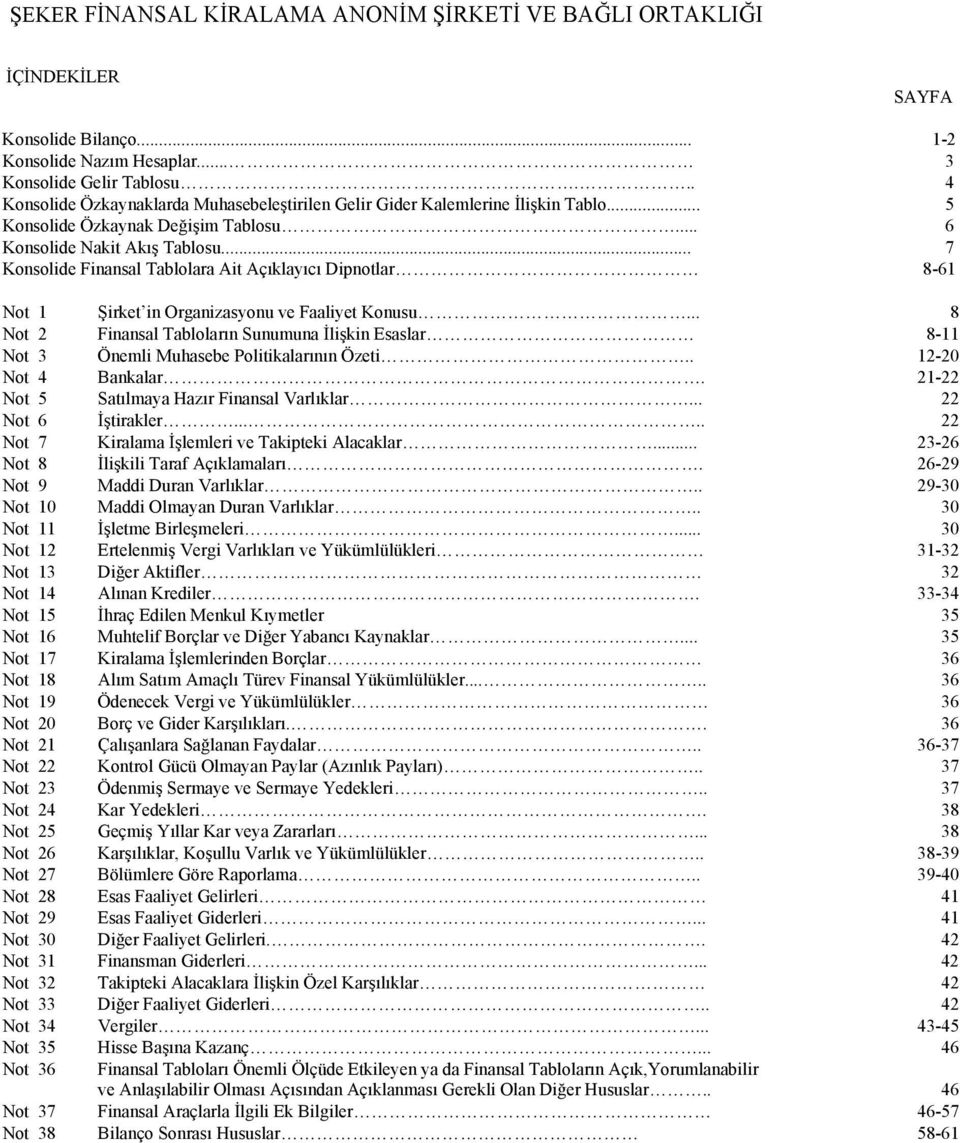 .. 7 Konsolide Finansal Tablolara Ait Açıklayıcı Dipnotlar 8-61 Not 1 Şirket in Organizasyonu ve Faaliyet Konusu.