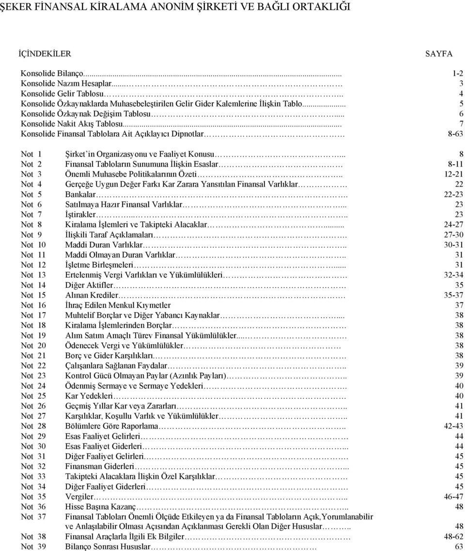 .. 7 Konsolide Finansal Tablolara Ait Açıklayıcı Dipnotlar 8-63 Not 1 Şirket in Organizasyonu ve Faaliyet Konusu.