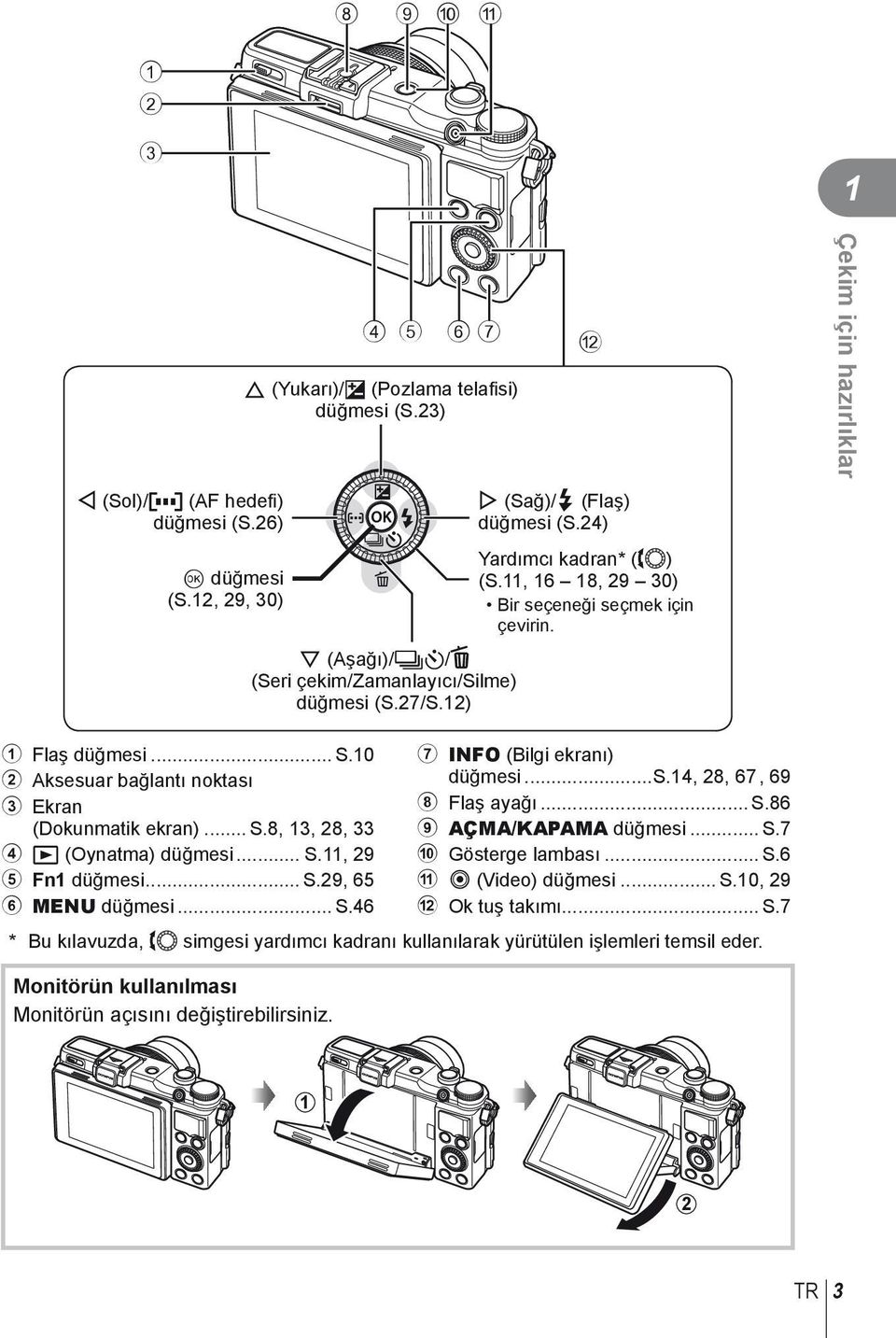 27/S.12) Yardımcı kadran* (j) (S.11, 16 18, 29 30 ) Bir seçeneği seçmek için çevirin. 7 INFO (Bilgi ekranı) düğmesi...s.14, 28, 67, 69 8 Flaş ayağı... S.86 9 AÇMA/KAPAMA düğmesi... S.7 0 Gösterge lambası.