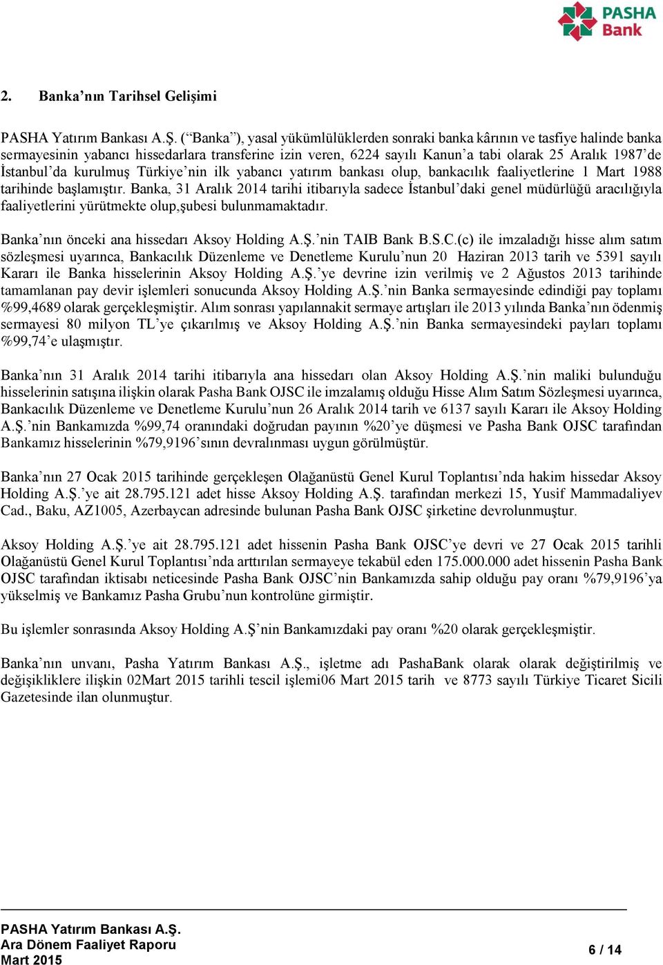 Banka, 31 Aralık 2014 tarihi itibarıyla sadece İstanbul daki genel müdürlüğü aracılığıyla faaliyetlerini yürütmekte olup,şubesi bulunmamaktadır. Banka nın önceki ana hissedarı Aksoy Holding A.Ş.