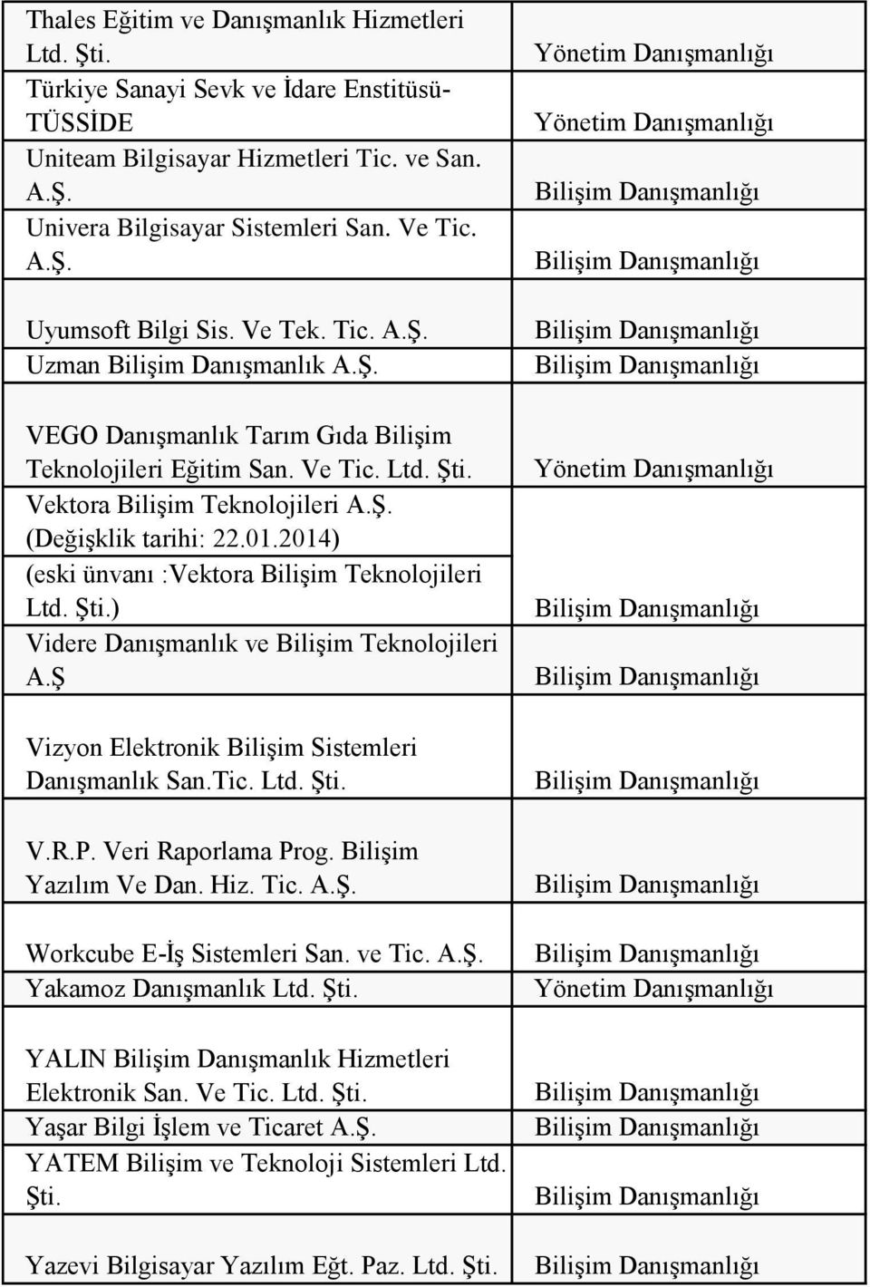 2014) (eski ünvanı :Vektora Bilişim Teknolojileri Ltd. ) Videre Danışmanlık ve Bilişim Teknolojileri A.Ş Vizyon Elektronik Bilişim Sistemleri Danışmanlık San.Tic. Ltd. V.R.P. Veri Raporlama Prog.