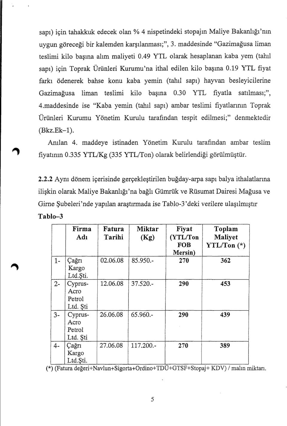 19 YTL fiyat farkı ödenerek bahse konu kaba yemin (tahıl sapı) hayvan besleyicilerine Gazimağusa liman teslimi kilo başına 0.30 YTL fiyatla satılması;", 4.