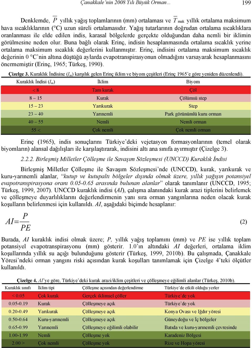 Buna bağlı olarak Erinç, indisin hesaplanmasında ortalama sıcaklık yerine ortalama maksimum sıcaklık değerlerini kullanmıştır.