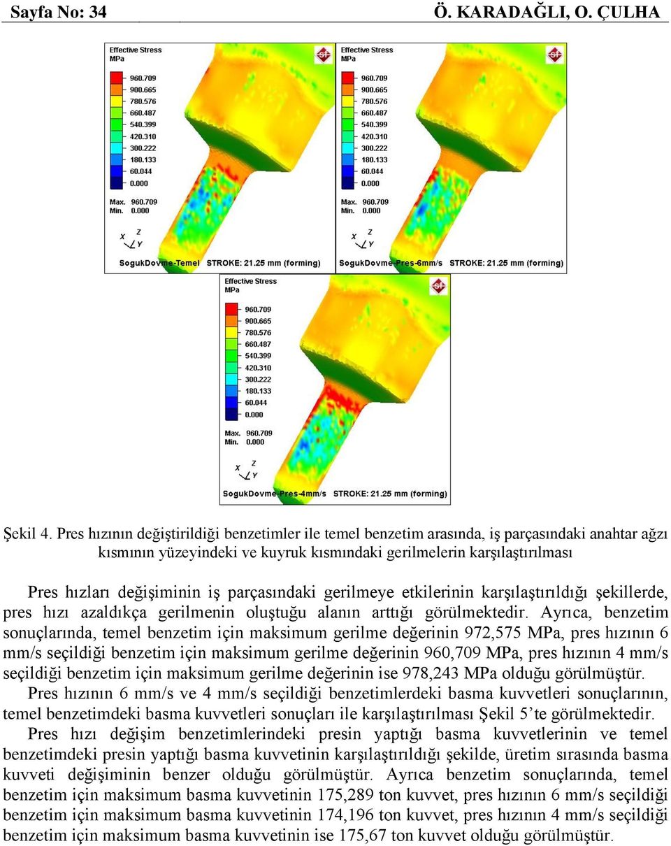 parçasındaki gerilmeye etkilerinin karşılaştırıldığı şekillerde, pres hızı azaldıkça gerilmenin oluştuğu alanın arttığı görülmektedir.