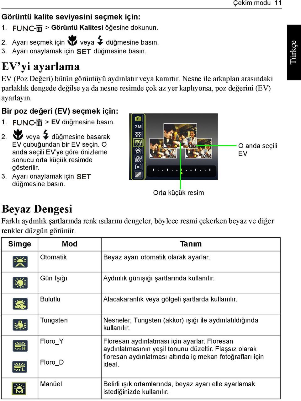 Bir poz değeri (EV) seçmek için: 1. > EV düğmesine basın. 2. veya düğmesine basarak EV çubuğundan bir EV seçin. O anda seçili EV ye göre önizleme sonucu orta küçük resimde gösterilir. 3.