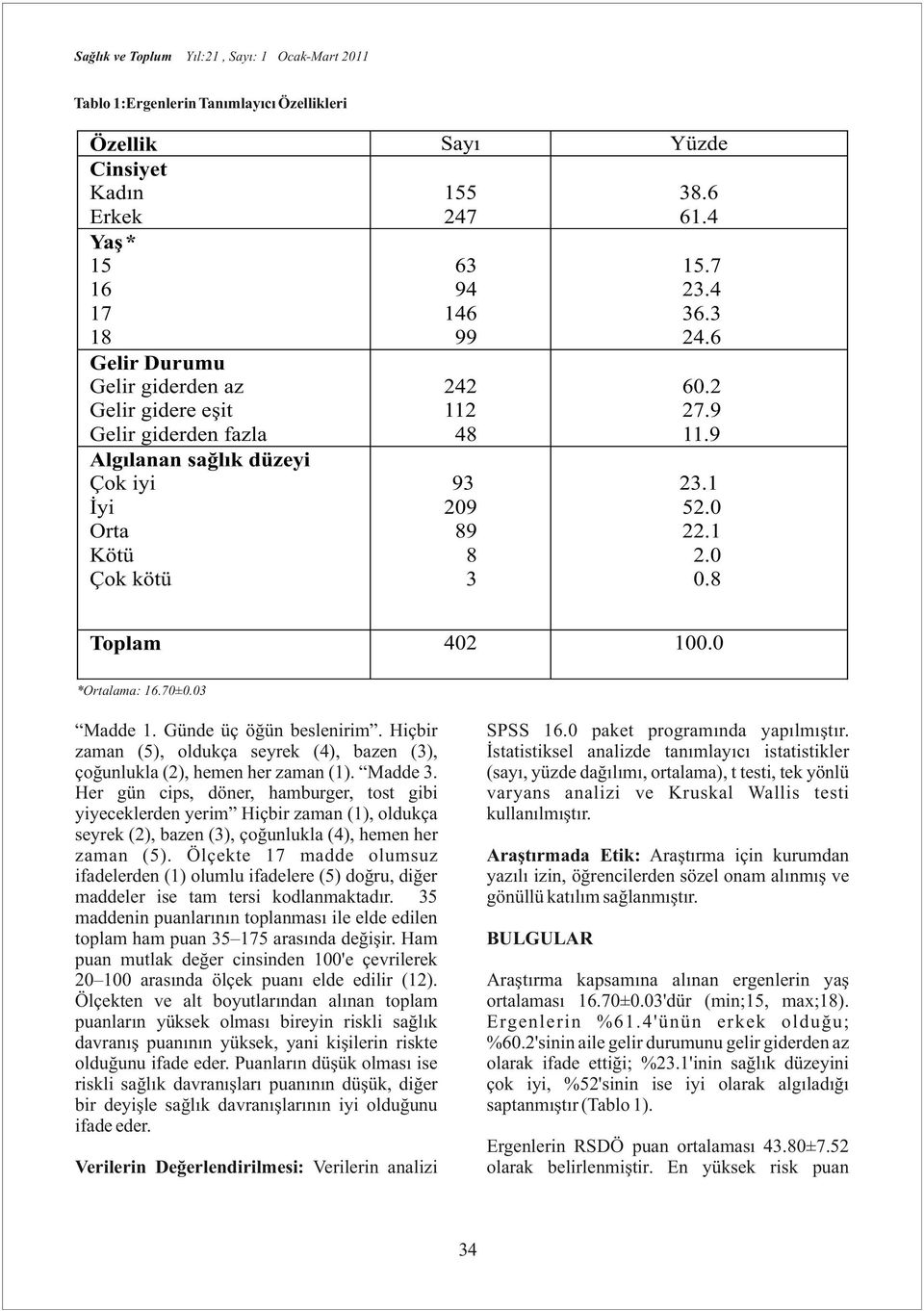 Günde üç öğün beslenirim. Hiçbir zaman (5), oldukça seyrek (4), bazen (3), çoğunlukla (2), hemen her zaman (1). Madde 3.