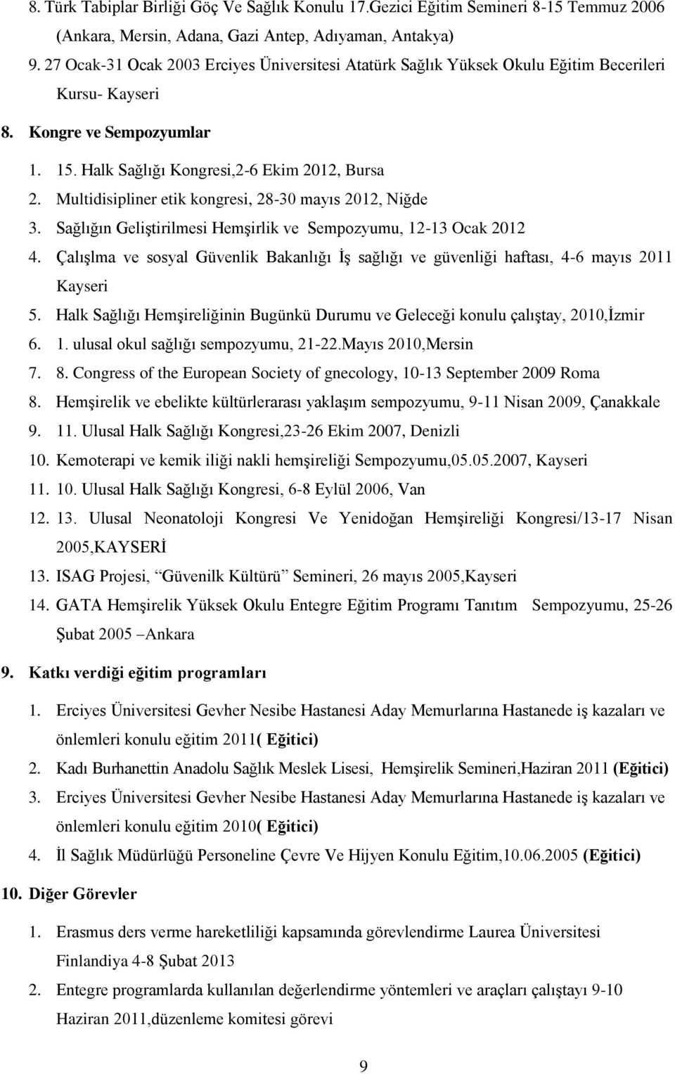 Multidisipliner etik kongresi, 2830 mayıs 202, Niğde 3. Sağlığın Geliştirilmesi Hemşirlik ve Sempozyumu, 23 Ocak 202 4.