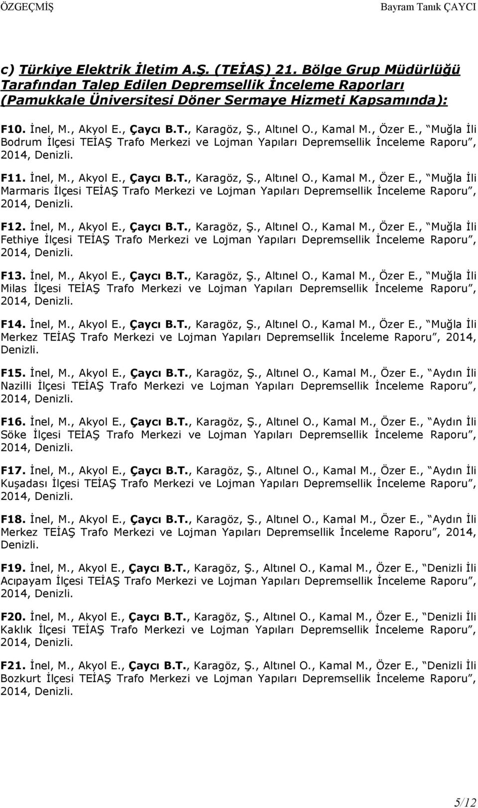 Đnel, M., Akyol E., Çaycı B.T., Karagöz, Ş., Altınel O., Kamal M., Özer E., Muğla Đli Fethiye Đlçesi TEĐAŞ Trafo Merkezi ve Lojman Yapıları Depremsellik Đnceleme Raporu, 2014, F13. Đnel, M., Akyol E., Çaycı B.T., Karagöz, Ş., Altınel O., Kamal M., Özer E., Muğla Đli Milas Đlçesi TEĐAŞ Trafo Merkezi ve Lojman Yapıları Depremsellik Đnceleme Raporu, 2014, F14.