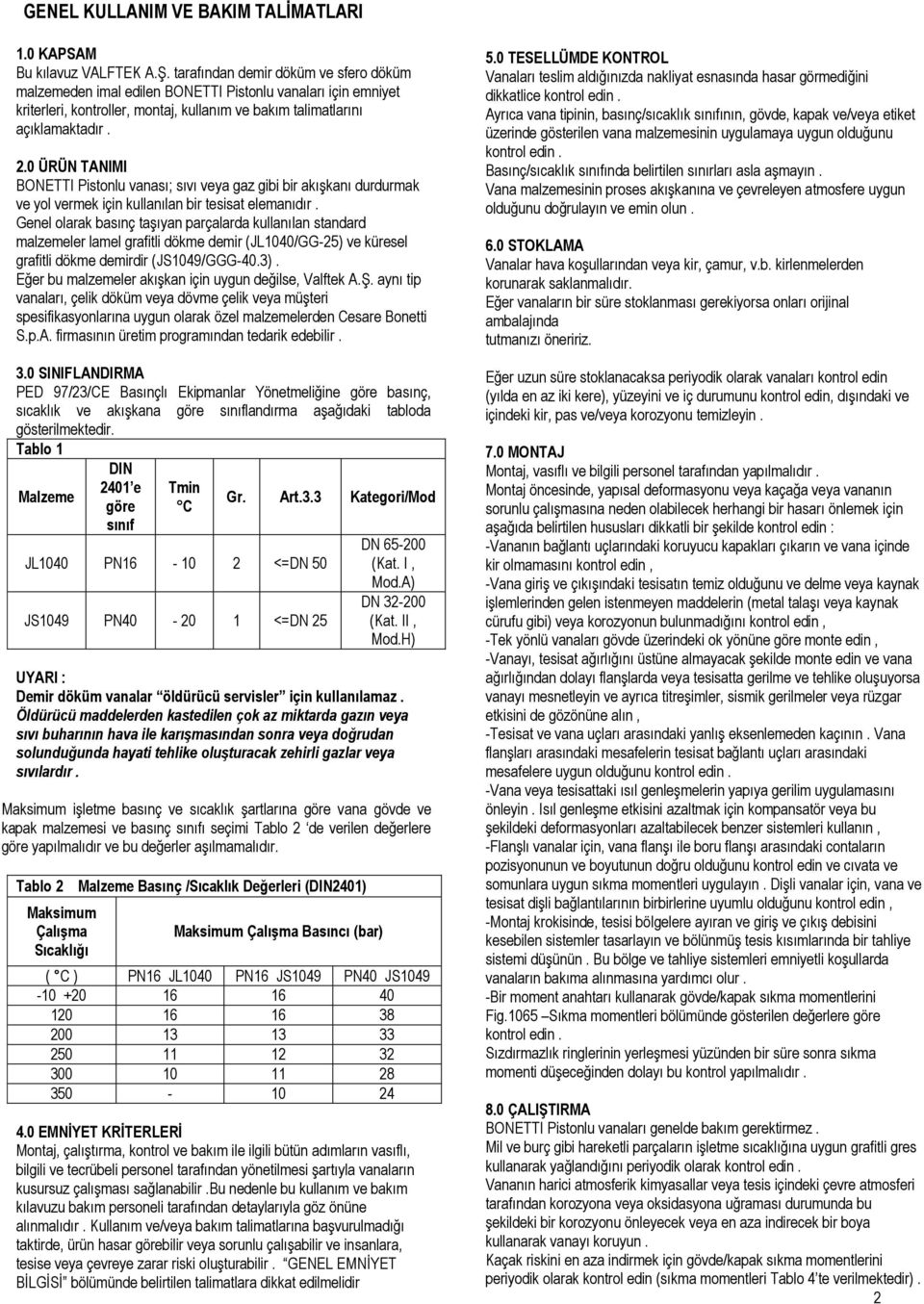 0 ÜRÜN TANIMI BONETTI Pistonlu vanası; sıvı veya gaz gibi bir akışkanı durdurmak ve yol vermek için kullanılan bir tesisat elemanıdır.