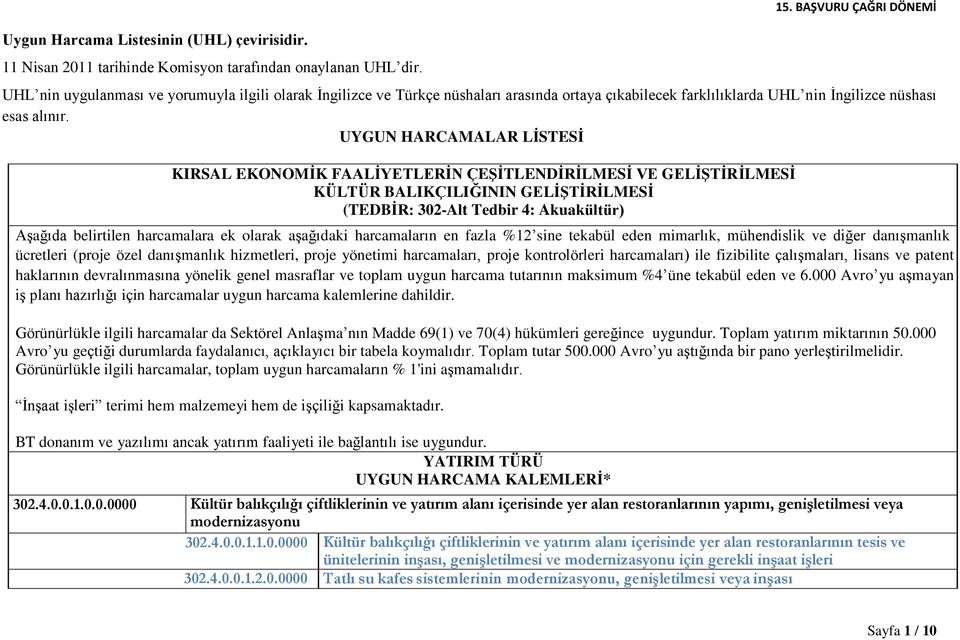 UYGUN HARCAMALAR LİSTESİ KIRSAL EKONOMİK FAALİYETLERİN ÇEŞİTLENDİRİLMESİ VE GELİŞTİRİLMESİ KÜLTÜR BALIKÇILIĞININ GELİŞTİRİLMESİ (TEDBİR: 302-Alt Tedbir 4: Akuakültür) Aşağıda belirtilen harcamalara