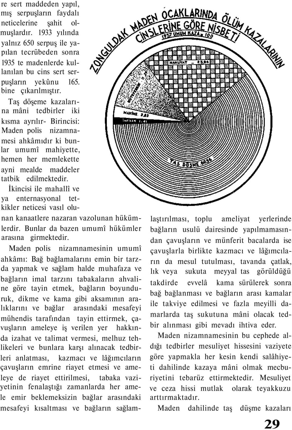 Taş döşeme kazalarına mâni tedbirler iki kısma ayrılır- Birincisi: Maden polis nizamnamesi ahkâmıdır ki bunlar umumî mahiyette, hemen her memlekette ayni mealde maddeler tatbik edilmektedir.