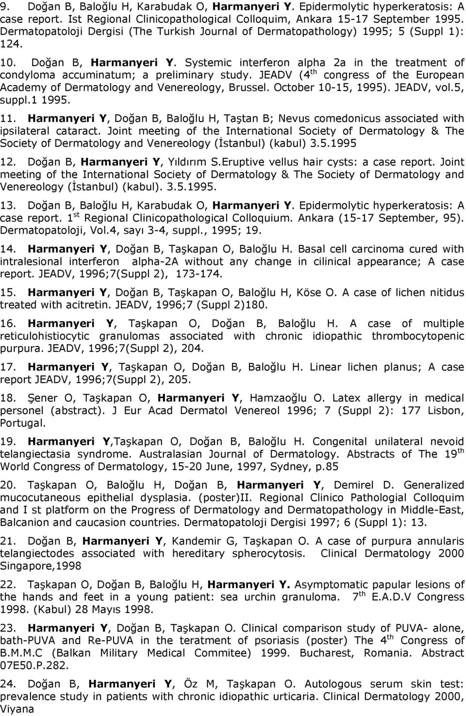 Systemic interferon alpha 2a in the treatment of condyloma accuminatum; a preliminary study. JEADV (4 th congress of the European Academy of Dermatology and Venereology, Brussel. October 10-15, 1995).