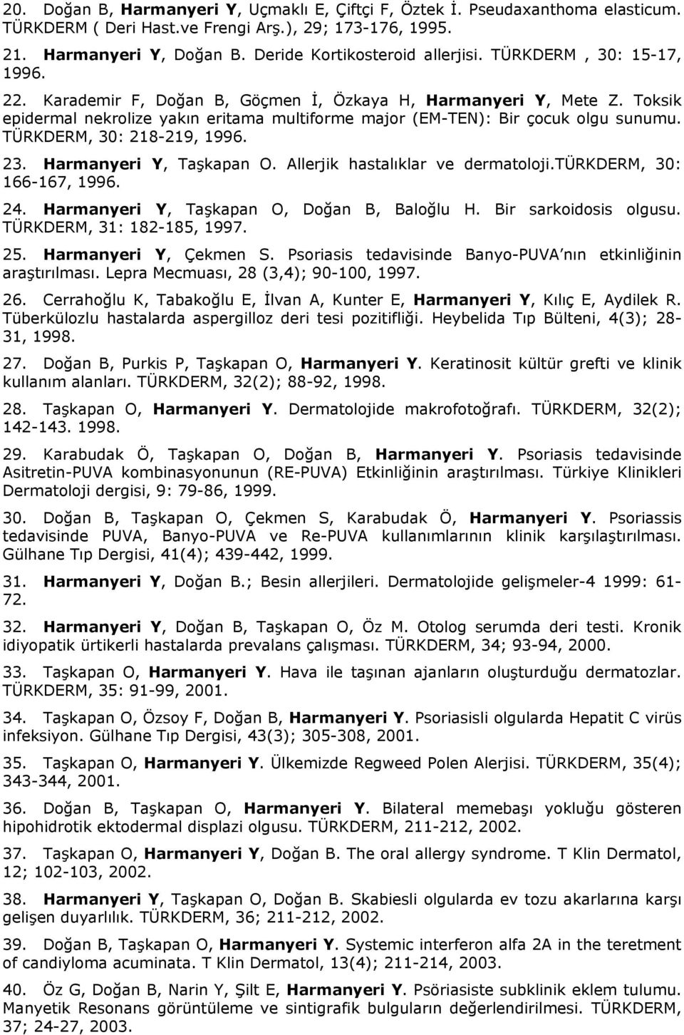 TÜRKDERM, 30: 218-219, 1996. 23. Harmanyeri Y, Taşkapan O. Allerjik hastalıklar ve dermatoloji.türkderm, 30: 166-167, 1996. 24. Harmanyeri Y, Taşkapan O, Doğan B, Baloğlu H. Bir sarkoidosis olgusu.