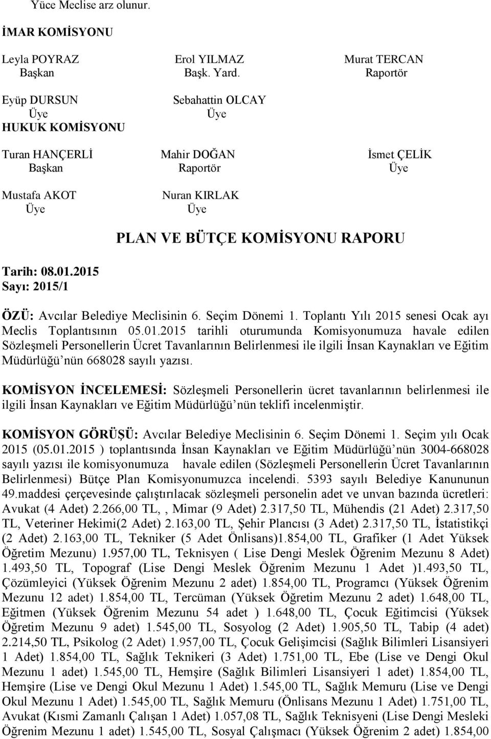 KOMİSYON İNCELEMESİ: Sözleşmeli Personellerin ücret tavanlarının belirlenmesi ile ilgili İnsan Kaynakları ve Eğitim Müdürlüğü nün teklifi incelenmiştir. KOMİSYON GÖRÜŞÜ: Avcılar Belediye Meclisinin 6.