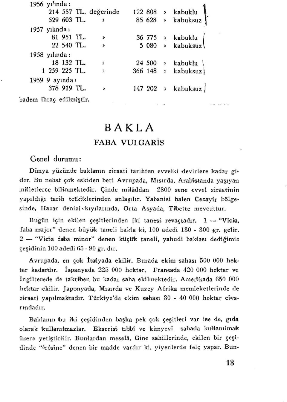 BAKLA FABA VULGARI S Genel durumu : Dünya yüzünde baklanın ziraati tarihten evvelki devirlere kadar gi^ der.