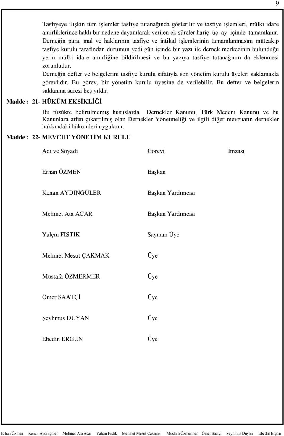 amirliğine bildirilmesi ve bu yazıya tasfiye tutanağının da eklenmesi zorunludur. Derneğin defter ve belgelerini tasfiye kurulu sıfatıyla son yönetim kurulu üyeleri saklamakla görevlidir.