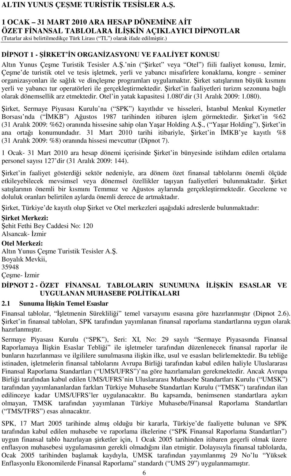 nin ( Şirket veya Otel ) fiili faaliyet konusu, İzmir, Çeşme de turistik otel ve tesis işletmek, yerli ve yabancı misafirlere konaklama, kongre - seminer organizasyonları ile sağlık ve dinçleşme