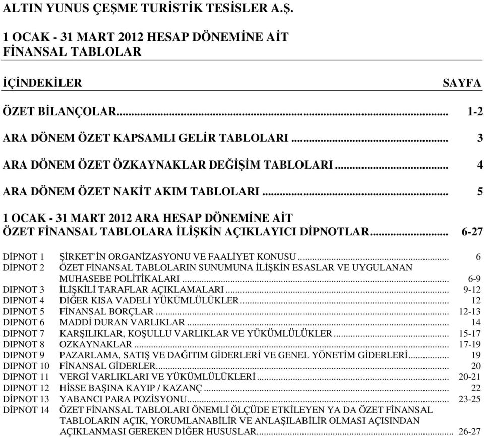 .. 6 DİPNOT 2 ÖZET FİNANSAL TABLOLARIN SUNUMUNA İLİŞKİN ESASLAR VE UYGULANAN MUHASEBE POLİTİKALARI... 6-9 DIPNOT 3 İLİŞKİLİ TARAFLAR AÇIKLAMALARI... 9-12 DIPNOT 4 DİĞER KISA VADELİ YÜKÜMLÜLÜKLER.