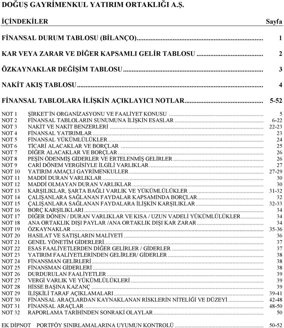 .. 6-22 NOT 3 NAKİT VE NAKİT BENZERLERİ... 22-23 NOT 4 FİNANSAL YATIRIMLAR... 23 NOT 5 FİNANSAL YÜKÜMLÜLÜKLER... 24 NOT 6 TİCARİ ALACAKLAR VE BORÇLAR... 25 NOT 7 DİĞER ALACAKLAR VE BORÇLAR.