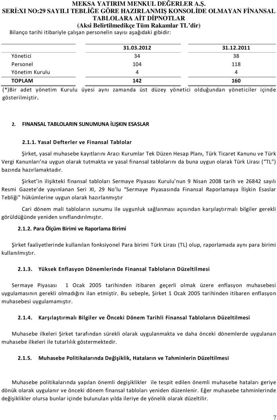 FINANSAL TABLOLARIN SUNUMUNA İLIŞKIN ESASLAR 2.1.