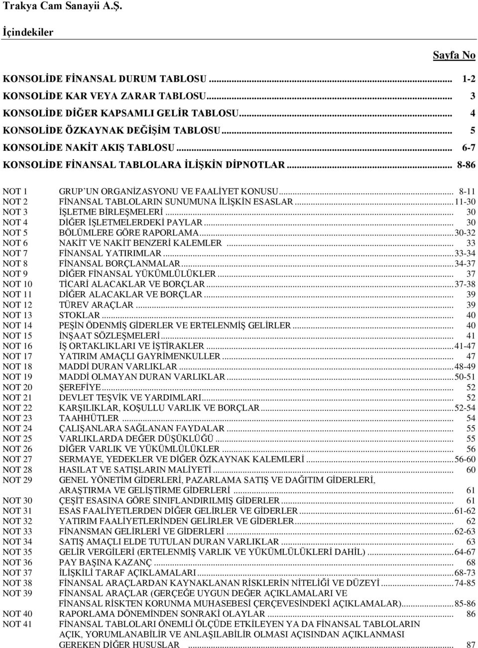 .. 11-30 NOT 3 İŞLETME BİRLEŞMELERİ... 30 NOT 4 DİĞER İŞLETMELERDEKİ PAYLAR... 30 NOT 5 BÖLÜMLERE GÖRE RAPORLAMA... 30-32 NOT 6 NAKİT VE NAKİT BENZERİ KALEMLER... 33 NOT 7 FİNANSAL YATIRIMLAR.