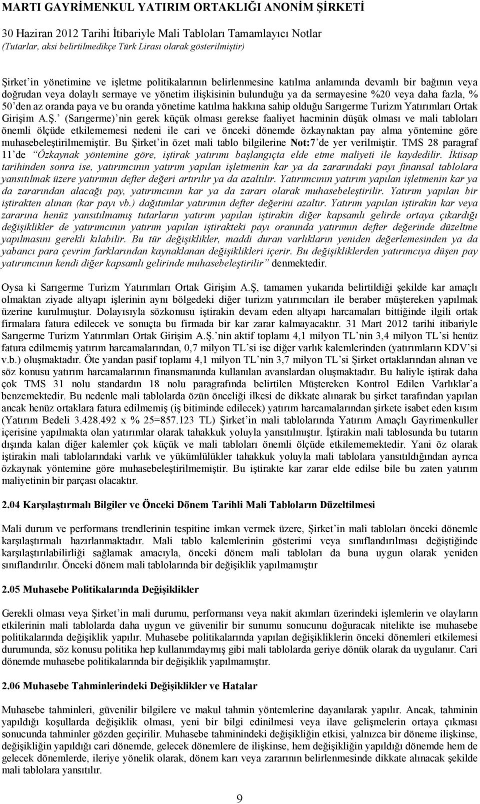 (Sarıgerme) nin gerek küçük olması gerekse faaliyet hacminin düşük olması ve mali tabloları önemli ölçüde etkilememesi nedeni ile cari ve önceki dönemde özkaynaktan pay alma yöntemine göre