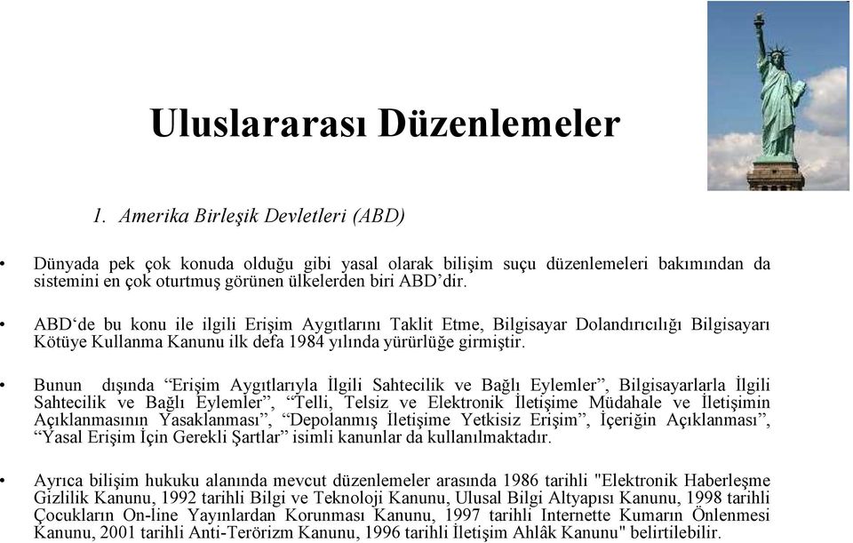 ABD de bu konu ile ilgili Erişim Aygıtlarını Taklit Etme, Bilgisayar Dolandırıcılığı Bilgisayarı Kötüye Kullanma Kanunu ilk defa 1984 yılında yürürlüğe girmiştir.