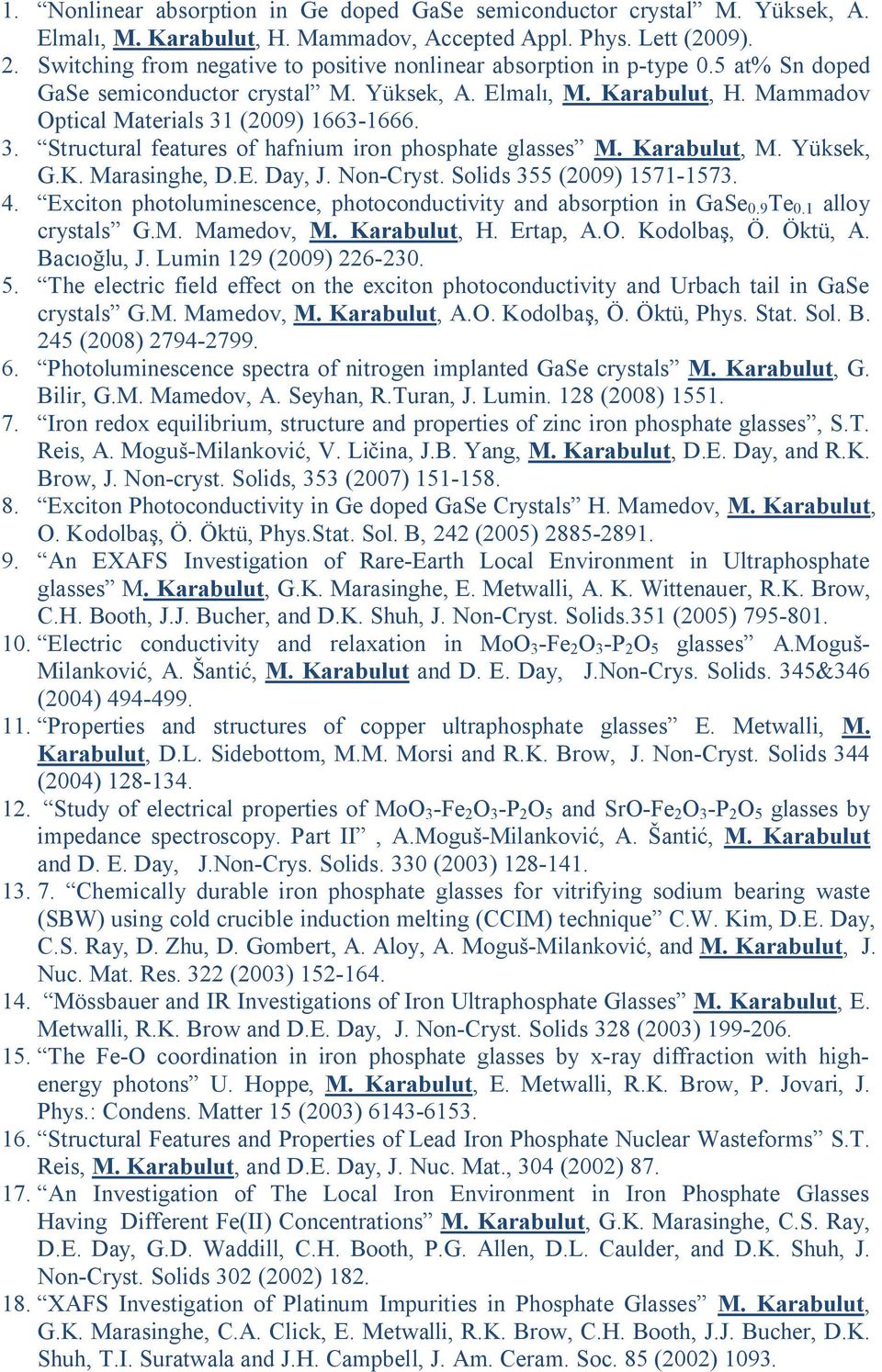 (2009) 1663-1666. 3. Structural features of hafnium iron phosphate glasses M. Karabulut, M. Yüksek, G.K. Marasinghe, D.E. Day, J. Non-Cryst. Solids 355 (2009) 1571-1573. 4.