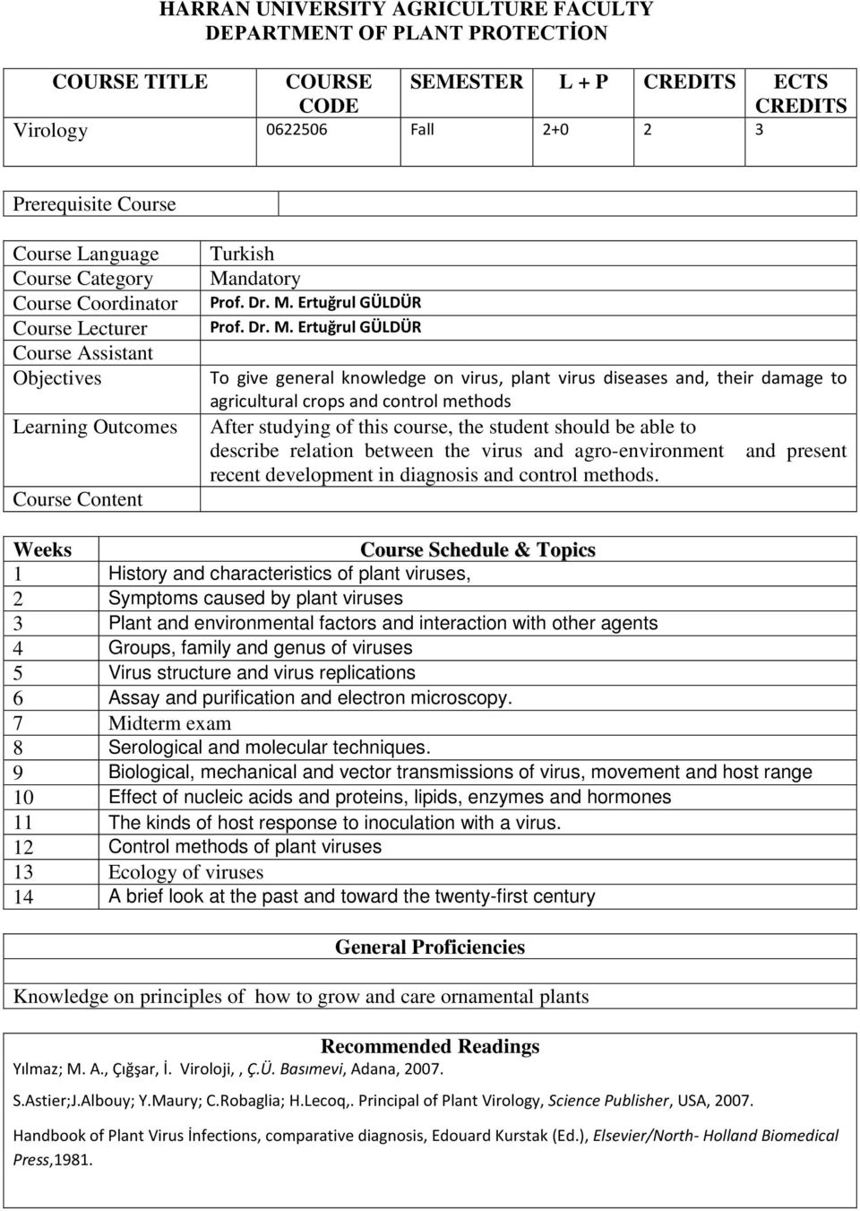 damage to agricultural crops and control methods After studying of this course, the student should be able to describe relation between the virus and agro-environment and present recent development