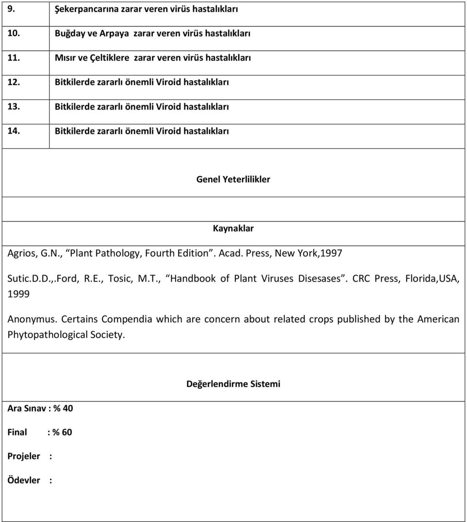 Bitkilerde zararlı önemli Viroid hastalıkları Genel Yeterlilikler Kaynaklar Agrios, G.N., Plant Pathology, Fourth Edition. Acad. Press, New York,1997 Sutic.D.D.,.Ford, R.E., Tosic, M.