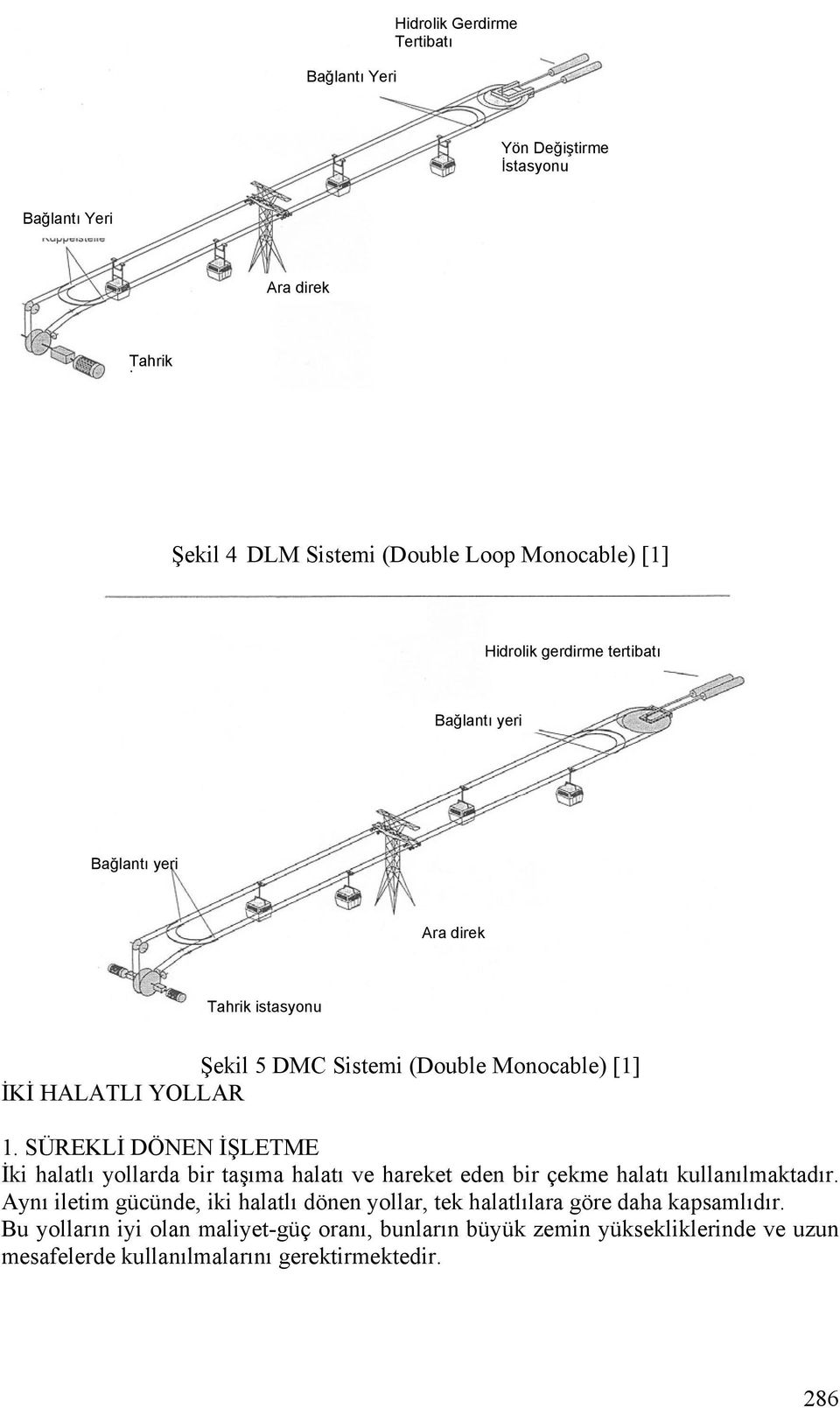 SÜREKL DÖNEN ŞLETME ki halatlı yollarda bir taşıma halatı ve hareket eden bir çekme halatı kullanılmaktadır.